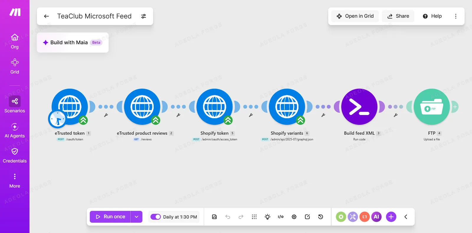 Make.com scenario building the Microsoft Advertising product review feed from Shopify and Trusted Shops data and delivering it over FTP.